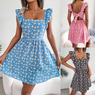 Casual Flower Square Neck Short Sleeve Backless Polyester Chiffon Above Knee A-line Skirt