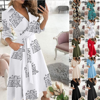 Women's Irregular Skirt Fashion V Neck Printing Patchwork Long Sleeve Letter Maxi Long Dress Daily