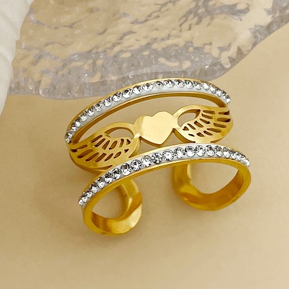 304 Stainless Steel 14K Gold Plated Elegant Plating Inlay Heart Shape Wings Zircon Open Rings