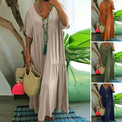 Women's Regular Dress Casual V Neck Pleated Short Sleeve Solid Color Maxi Long Dress Daily Street