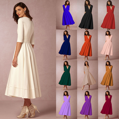 Women's Princess Dress Streetwear V Neck Half Sleeve Solid Color Midi Dress Daily