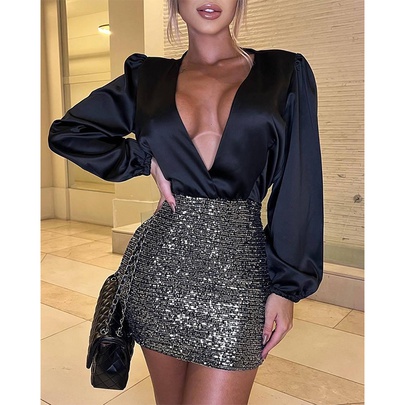 Women's Sequin Dress Sexy V Neck Sequins Long Sleeve Color Block Above Knee Banquet Party