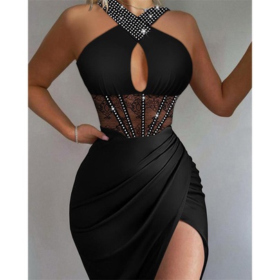 Women's Sheath Dress Sexy Halter Neck Diamond Sleeveless Solid Color Above Knee Banquet Party