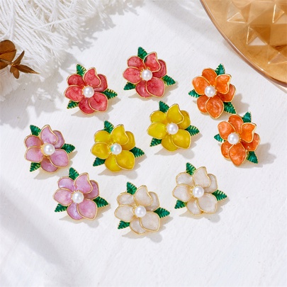 1 Pair Romantic Sweet Flower Enamel Lacquer Painting Inlay Alloy Artificial Pearls Ear Studs