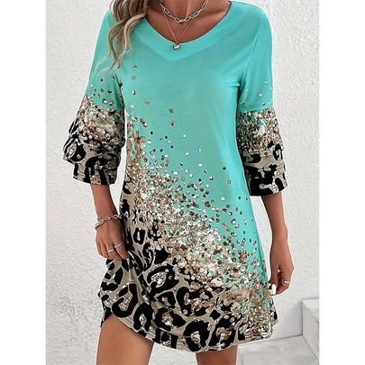 Women's T Shirt Dress Casual V Neck Printing 3/4 Length Sleeve Printing Above Knee Daily
