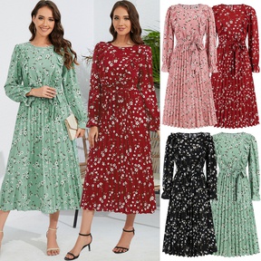 Women's Regular Dress Simple Style Round Neck Printing Belt Long Sleeve Ditsy Floral Midi Dress Daily Street