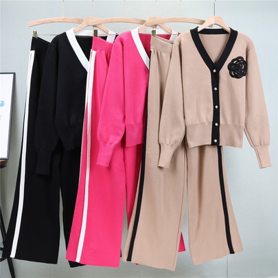 Daily Street Women's Simple Style Color Block Flower Polyester Embroidery Pants Sets Pants Sets