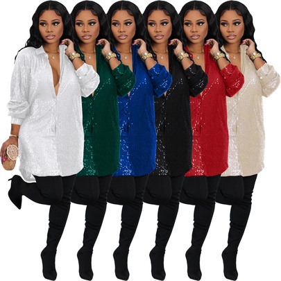 Women's Shirt Dress Streetwear Shirt Collar Sequins Long Sleeve Solid Color Above Knee Daily Street