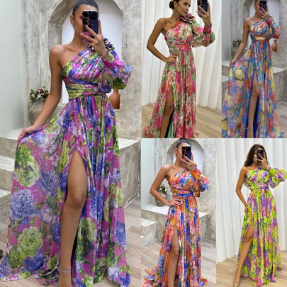 Women's Swing Dress Sexy Oblique Collar Printing Long Sleeve Flower Maxi Long Dress Banquet Party