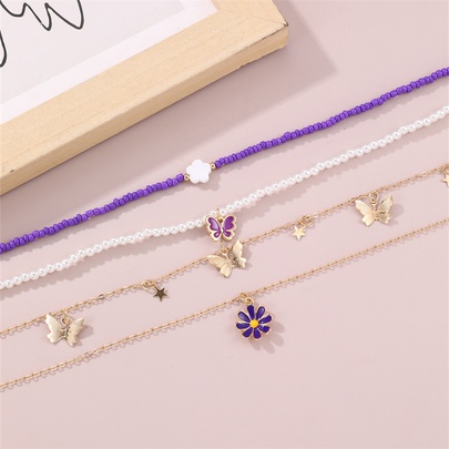 Cute Sweet Star Butterfly Daisy Beaded Artificial Pearl Layered Women's Pendant Necklace