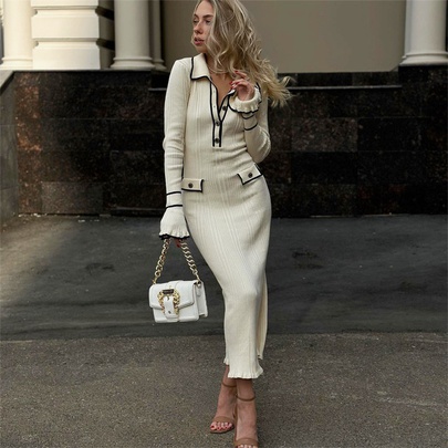 Women's Regular Dress Elegant British Style Turndown Long Sleeve Solid Color Midi Dress Casual Daily Street