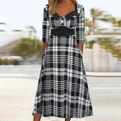 Adults Sheath Dress Plaid Dress Simple Style V Neck Printing Long Sleeve Plaid Midi Dress Holiday Daily