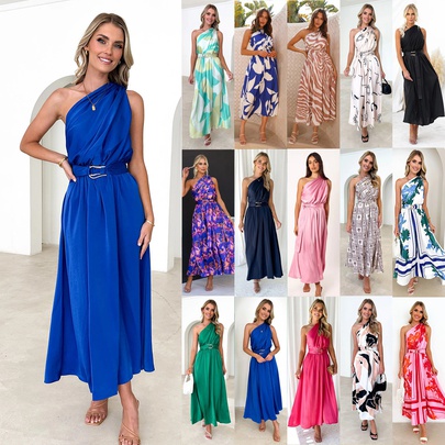 Women's Regular Dress Elegant Oblique Collar Sleeveless Color Block Solid Color Maxi Long Dress Casual Daily