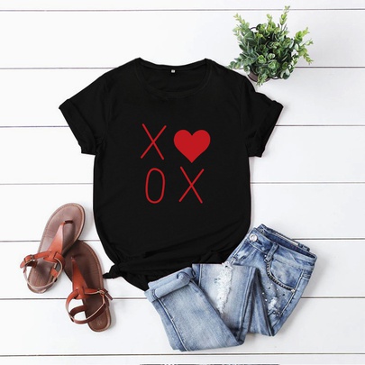 Casual Heart Shape Cotton Polyester Printing T-shirt