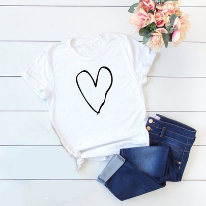 Basic Classic Style Letter Heart Shape Cotton Polyester Printing T-shirt