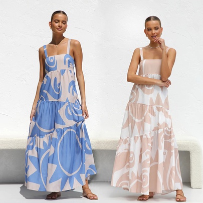 Women's Swing Dress Elegant Square Neck Sleeveless Printing Abstract Maxi Long Dress Daily
