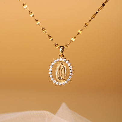 Elegant Simple Style Human Stainless Steel Hollow Out Zircon 18k Gold Plated Pendant Necklace
