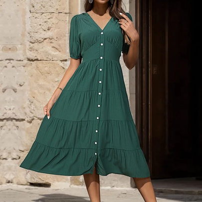 Women's Regular Dress Elegant Streetwear V Neck Short Sleeve Solid Color Midi Dress Daily Tea Party Street
