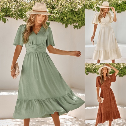 Women's A-line Skirt Classic Style V Neck Short Sleeve Solid Color Midi Dress Casual