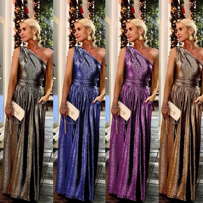 Women's Sheath Dress Elegant Oblique Shoulder Style Zipper Sleeveless Solid Color Maxi Long Dress Daily