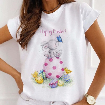 Casual Easter Letter Cotton Blend Round Neck Short Sleeve Regular Sleeve Printing T-shirt