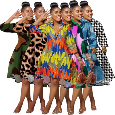 Women's Regular Dress Casual Turndown Printing 3/4 Length Sleeve Color Block Leopard Camouflage Midi Dress Daily