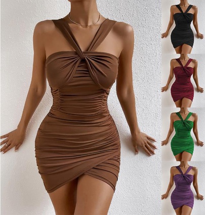 Women's Sheath Dress Sexy Patchwork Pleated Sleeveless Solid Color Short Mini Dress Nightclub