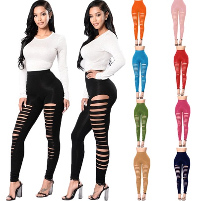 Women's Street Fashion Solid Color Full Length Ripped Leggings