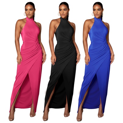 Women's Pencil Skirt Elegant Halter Neck Pleated Sleeveless Solid Color Maxi Long Dress Holiday