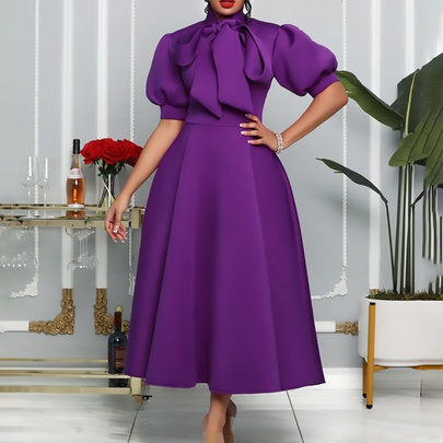 Women's Regular Dress Elegant Turtleneck Bowknot Short Sleeve Solid Color Midi Dress Daily