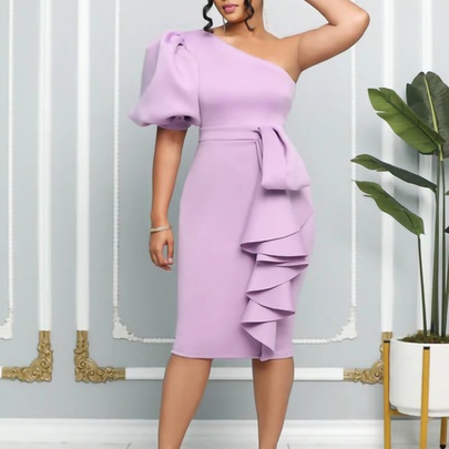 Women's Ruffled Skirt Elegant Oblique Collar Asymmetrical Half Sleeve Solid Color Knee-length Party
