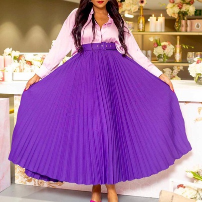 Summer Spring Retro Solid Color Spandex Polyester Maxi Long Dress Skirts