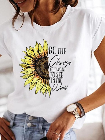 Women's T-shirt Short Sleeve T-shirts Printing Fashion Letter Chrysanthemum