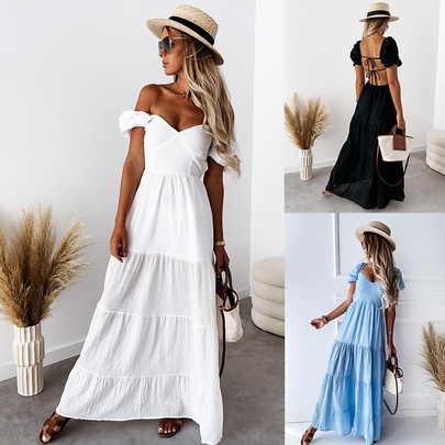 Fashion Solid Color Square Neck Short Sleeve Patchwork Polyester Maxi Long Dress Tiered Skirt