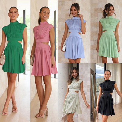 Women's Irregular Skirt Fashion Turtleneck Patchwork Short Sleeve Solid Color Above Knee Daily