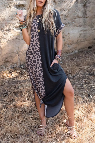 Women's Regular Dress Fashion Streetwear Round Neck Printing Contrast Binding Short Sleeve Leopard Midi Dress Daily