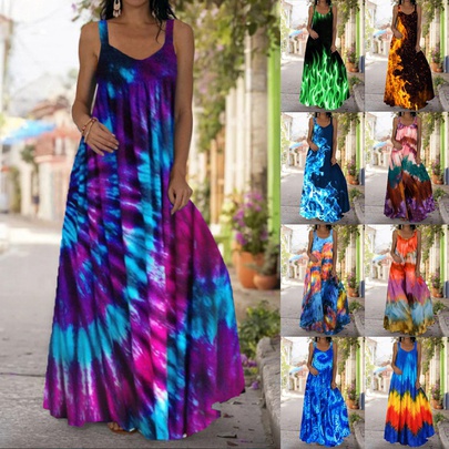 Fashion Printing Deep V Sleeveless Printing Polyester Maxi Long Dress A-line Skirt