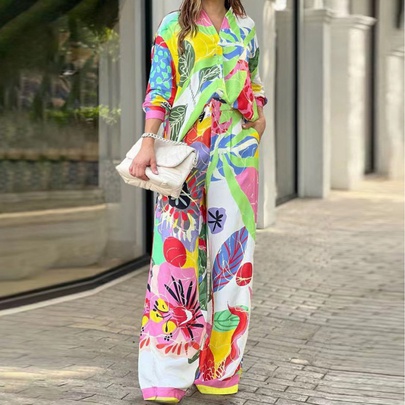 Women's Casual Streetwear Flower Polyester Printing Contrast Binding Pants Sets