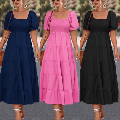 Women's A-line Skirt Simple Style Square Neck Patchwork Short Sleeve Solid Color Maxi Long Dress Street