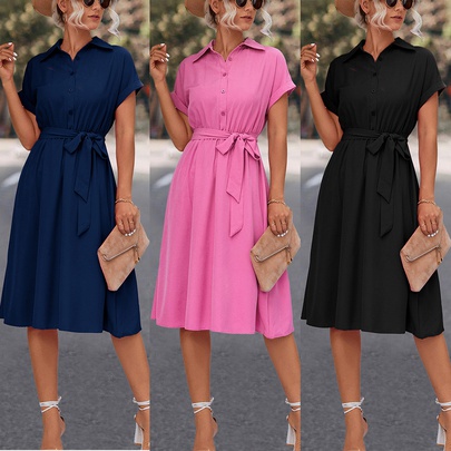 Women's A-line Skirt Elegant Shirt Collar Belt Short Sleeve Solid Color Maxi Long Dress Street