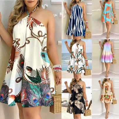 Sexy Solid Color Short Dresses Spandex Polyester Printing Strap Dress Knee-Length Dresses