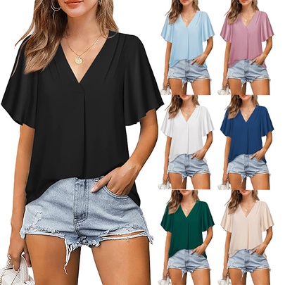 Women's Chiffon Shirt Short Sleeve Blouses Patchwork Fashion Solid Color
