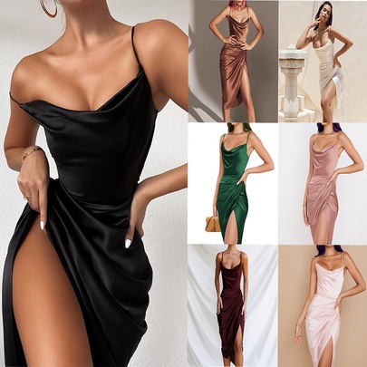Women's Strap Dress Slit Dress Sexy Strap Sleeveless Solid Color Midi Dress Banquet Birthday Cocktail Party