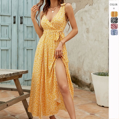 Women's Slit Dress Fashion V Neck Printing Slit Sleeveless Ditsy Floral Maxi Long Dress Daily