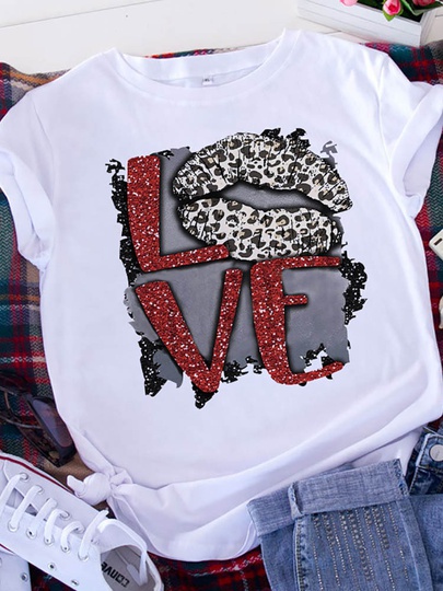 Women's T-shirt Short Sleeve T-shirts Casual Letter Heart Shape Leopard