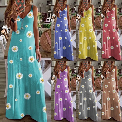 Women's Floral Dress Simple Style Round Neck Printing Sleeveless Daisy Midi Dress Casual Daily