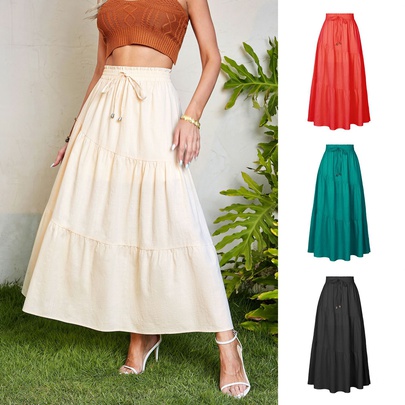 Summer Spring Ethnic Style Solid Color Cotton Spandex Maxi Long Dress Skirts