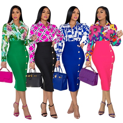 Women's Elegant Color Block Spandex Polyester Patchwork Skirt Sets