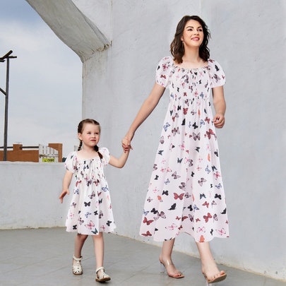 Princess Butterfly Polyester Chiffon Printing Midi Dress Family Matching Outfits