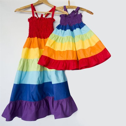 Casual Rainbow Cotton Blend Polyester Printing Midi Dress Family Matching Outfits